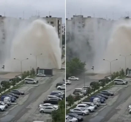 В Новосибирске из‑под земли вырвался фонтан воды: он 5 этажей в высоту