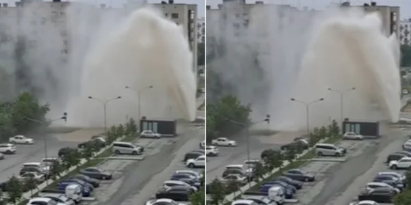 В Новосибирске из‑под земли вырвался фонтан воды: он 5 этажей в высоту